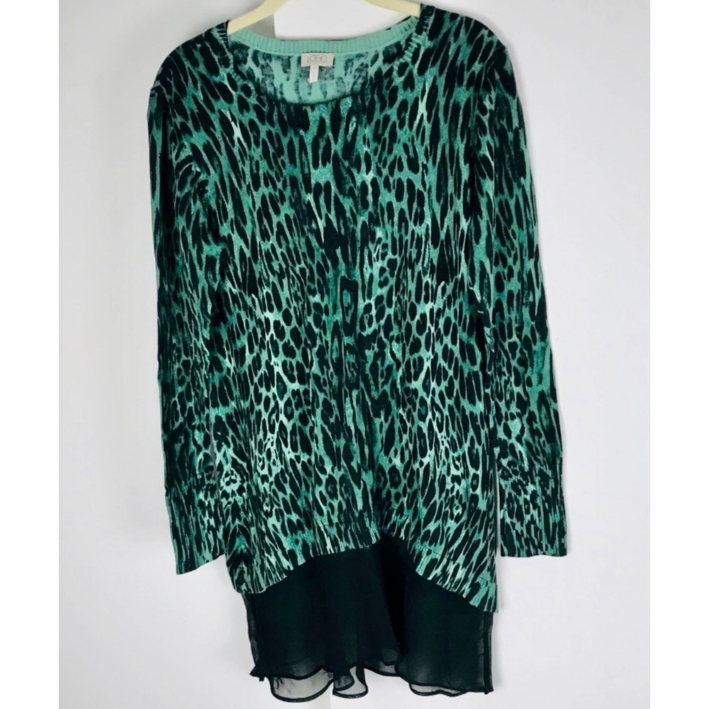 LOGO Lori Goldstein Cotton Cashmere‎ Green Black Leopard Print Tunic Top M